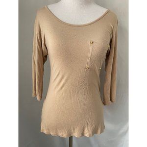 Lilas Top Cream/Tan Long Sleeve Wide Neck Tee - XS